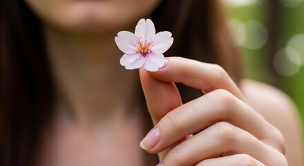 Close-up of a woman's hands holding a delicate pink orchid, symbolizing beauty, wellness, and gentle skin care