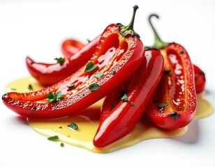 Vibrant Roasted Red Peppers with Herbs and Olive Oil on White