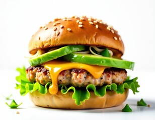 Delicious Cheeseburger with Melting Cheese and Fresh Greenery on White Background