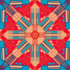 Obraz premium seamless pattern with christmas bells,orange, blue curves,painted create to flower shape,leaves with red background in geometric patterns as sarong,fabric,tile,printed fabric,batik,tablecloth patterns