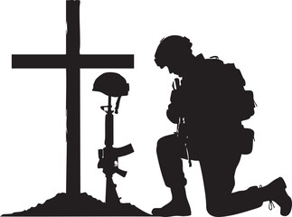 Soldier Kneeling in Prayer Beside Cross and Fallen Comrade – Black Silhouette Vector Illustration
