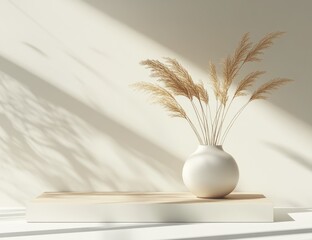 Pampas grass in vase on platform, sun-drenched wall behind