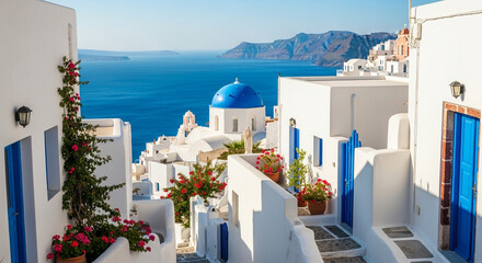 Fototapeta premium Vibrant Santorini village with stunning blue domes, whitewashed buildings, and Aegean Sea views, perfect for travel brochures