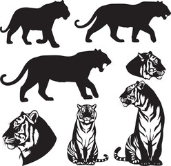 Create Tiger set vector art with silhouette with white background.