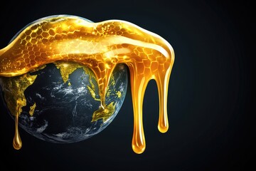 Earth globe dripping with golden honey. Dark background
