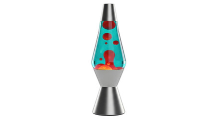 Isolated red lava lamp with blue liquid against a plain studio backdrop, a vintage design