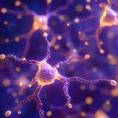 Neuron network, glowing purple/gold connections and nodes