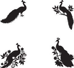 Peacock Ornate Vector Set, Vintage Black and White Peacock Illustration, Decorative Peacock Collection
