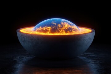Glowing sphere in concrete bowl, dark background