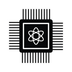 Quantum computing icon featuring atom symbol within a microchip design concept vector