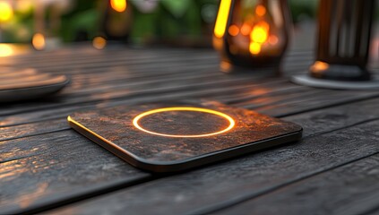 Glowing coaster on wooden table, warm light from blurred candles