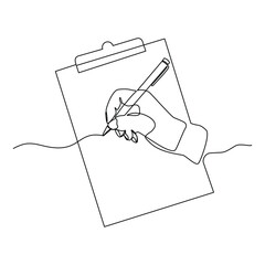Continuous line drawing of hand writing on book paper with pen. Editable stroke sketch drawing vector illustration.