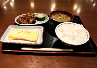 Authentic Japanese Lunch Set: Grilled Chicken, Rolled Omelette, Rice, Miso Soup

