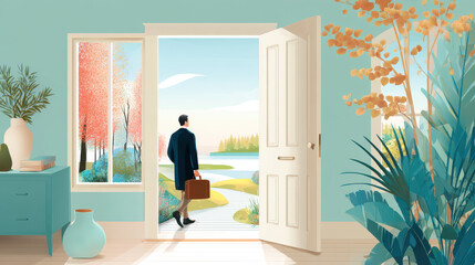 Businessman stepping out of a stylish home, carrying a briefcase, with a serene outdoor view of nature and trees