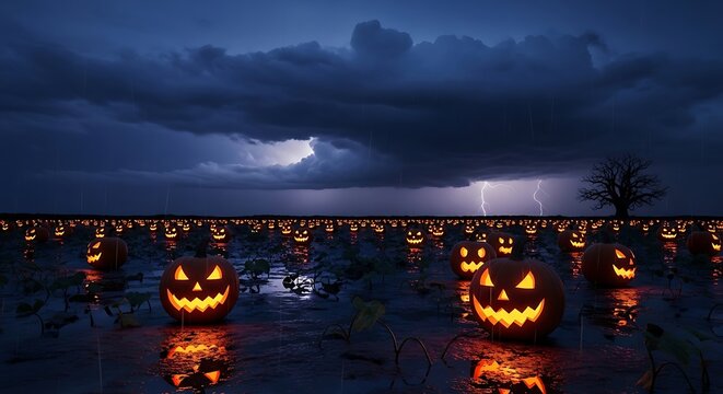 Eerie Halloween Night - Jack-o-Lanterns Under a Stormy Sky.