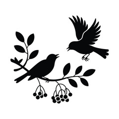 Silhouette of two birds on a branch with berries and leaves
