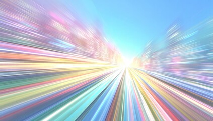 Obraz premium A vibrant, colorful, and dynamic image portrays a perspective of high-speed motion along a pathway, with streaks of pastel hues radiating outward from a central point, creating a sense of rapid...