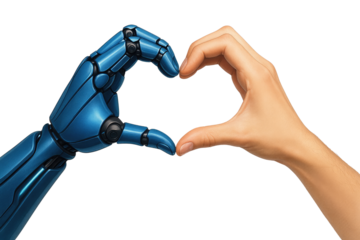 Blue Robotic Hand and Human Hand Forming a Heart Shape Against Black Background graphic design isolated on a transparent background