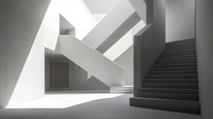 Fototapeta premium A minimalist interior featuring geometric lines, light angles, and a staircase, creating a serene and modern atmosphere.