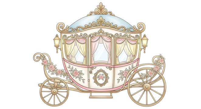 Illustration of elegant watercolor illustration of a fairy tale carriage adorned with floral details, isolated on transparent background