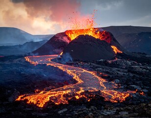 Volcano erupting, lava flows