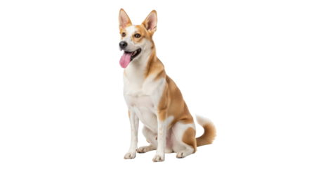 Isolated dog with red tongue sitting and looking attentively outdoors in a studio shot
