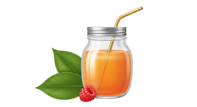 Isolated Mason jar filled with a refreshing beverage, leaves, and fruit adds visual appeal