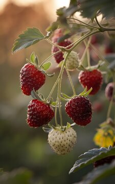 Sun-kissed strawberries ripen on the vine, showcasing vibrant red and unique white fruit against a soft, blurred garden backdrop, perfect for harvest and healthy eating themes.