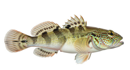Isolated colorful fantail darter freshwater fish with detailed patterns, side profile, body