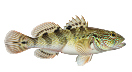 Isolated colorful fantail darter freshwater fish with detailed patterns, side profile, body