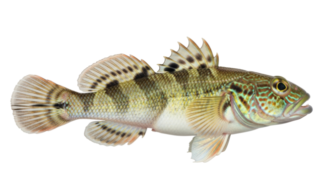 Isolated colorful fantail darter freshwater fish with detailed patterns, side profile, body
