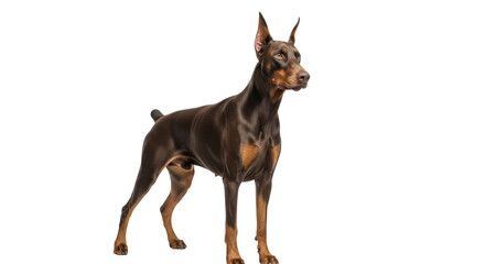 Isolated Doberman Pinscher stands alert with docked tail in elegant posture, dog breed stock photo