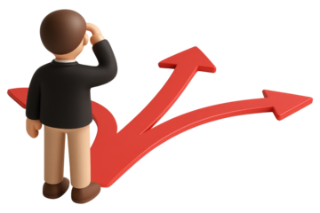 Cartoon man in suit contemplating three red arrows pointing in different directions decision choice isolated on a transparent background