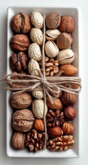 Rectangular dish filled with assorted nuts, tied with twine