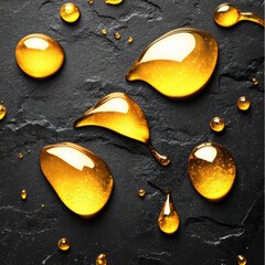 Golden liquid droplets on dark textured background, abstract