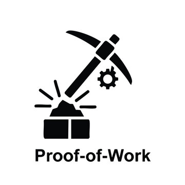 Mining pickaxe striking a block with gear and the phrase Proof-of-Work emphasizing digital security and blockchain technology