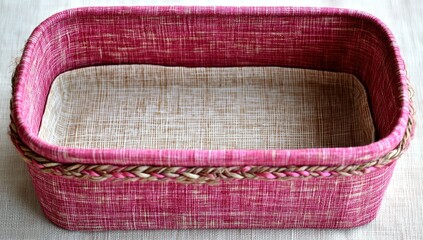 Woven, pink basket with light brown interior