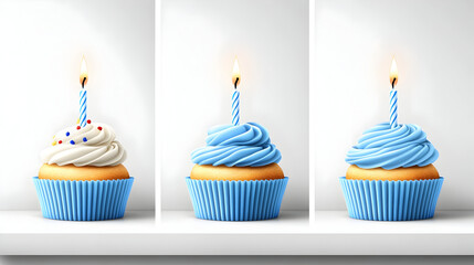 Set of delicious birthday cakes with candles, cut out