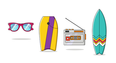 Retro 80s Beach Party Icons: Sunglasses, Boogie Board, Cassette Player, Surfboard