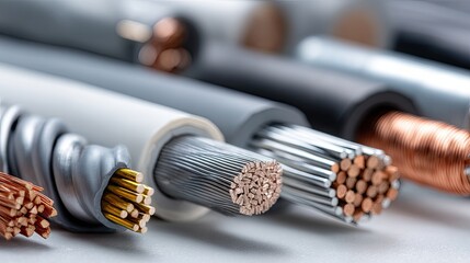 Various types of electrical cables and wires arranged neatly for display or selection in a workshop setting