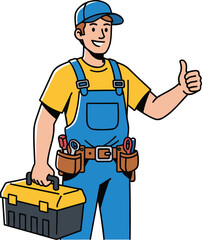 Cartoon handyman character with toolbox and tools, wearing blue overalls and cap, giving thumbs up, vector illustration for construction themes