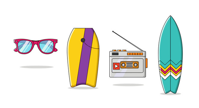 Retro 80s Beach Party Icons: Sunglasses, Boogie Board, Cassette Player, Surfboard