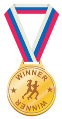 marathon runner's gold medal with ribbon. metal award badge for winner or champion
