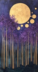Moonlit purple trees with gold accents, serene and dreamy