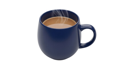 Isolated navy blue ceramic mug with coffee and steam, relaxing hot drink close up