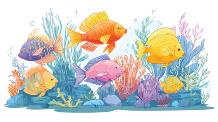 Naklejka premium Vibrant Cartoon Tropical Fish in Beautiful Underwater Scene