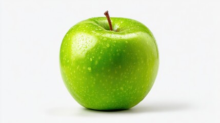 Fresh green apple with water droplets on pristine white background, crisp organic fruit perfect for healthy snacking and nutrition