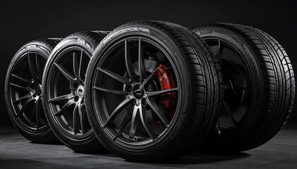 Set of four black alloy wheels and tires.  Dark background