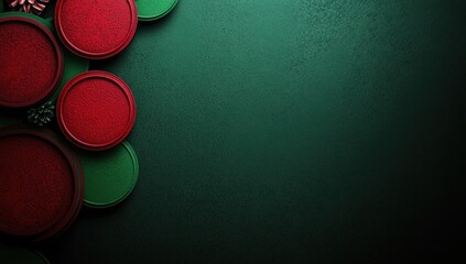Red/green discs and pine on textured dark green background