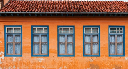 Obraz premium Vibrant orange facade with five symmetrical windows, framed in bright turquoise beneath a textured terracotta tile roof.